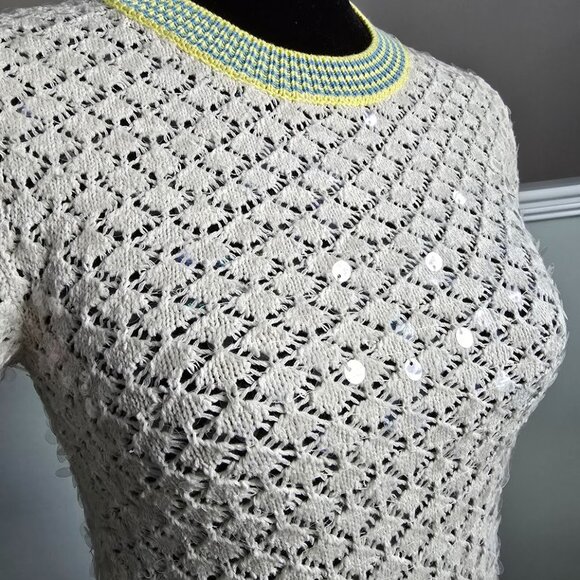J. Crew S/S Clear Sequin Pointelle Sweater Tee with Striped Trim Size XXS NWT - Picture 7 of 10